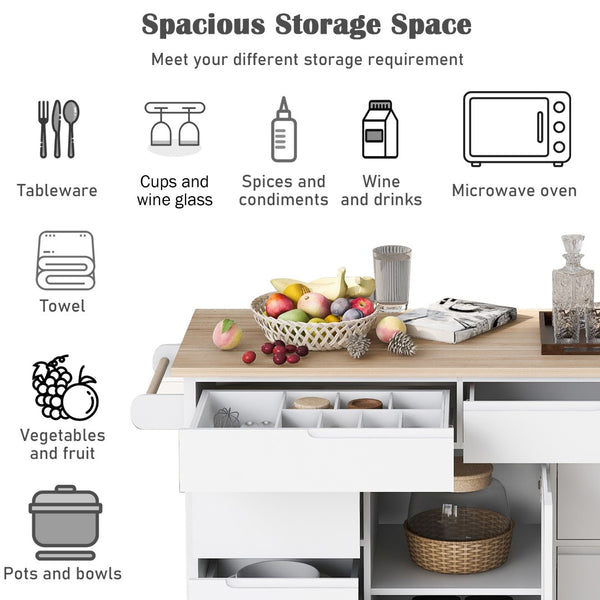 English Elm K&k Store Mobile Kitchen Island Rubberwood Top Eight Push-open Drawers Rolling Storage White SK000002AAW