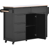 English Elm Kitchen Cart With Rubber Wood Countertop , Kitchen Island Has 8 Handle-Free Drawers Including A Flatware Organizer and 5 Wheels For Kitchen Dinning Room, Black