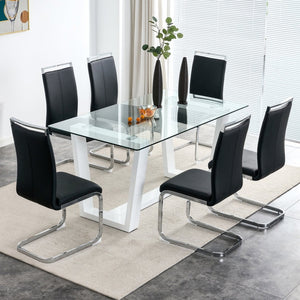 English Elm Modern Tempered Glass Rectangular Dining Table with Matte Black Legs Seats Six W1151S00327