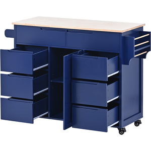 English Elm K&k Store Mobile Kitchen Island Rubberwood Top Eight Push-open Drawers Rolling Storage Blue SK000002AAG