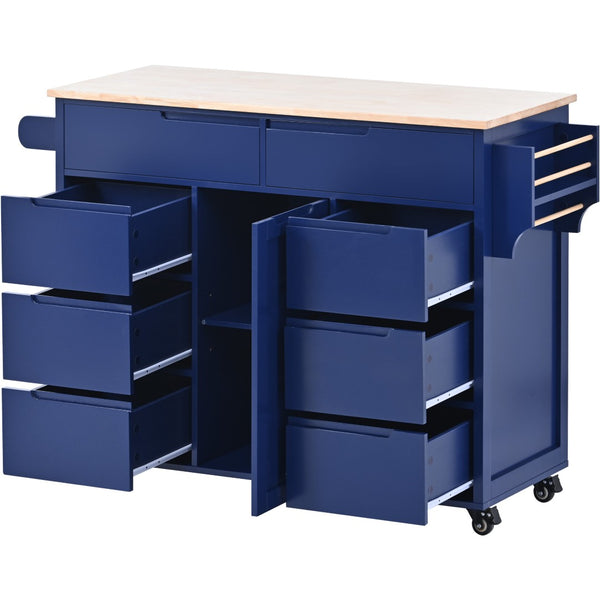 English Elm K&k Store Mobile Kitchen Island Rubberwood Top Eight Push-open Drawers Rolling Storage Blue SK000002AAG
