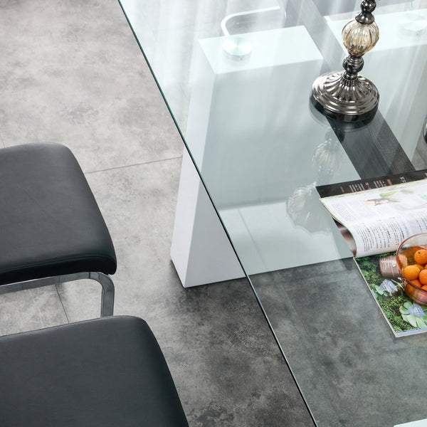 English Elm Modern Tempered Glass Rectangular Dining Table with Matte Black Legs Seats Six W1151S00327