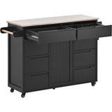 English Elm Kitchen Cart With Rubber Wood Countertop , Kitchen Island Has 8 Handle-Free Drawers Including A Flatware Organizer and 5 Wheels For Kitchen Dinning Room, Black