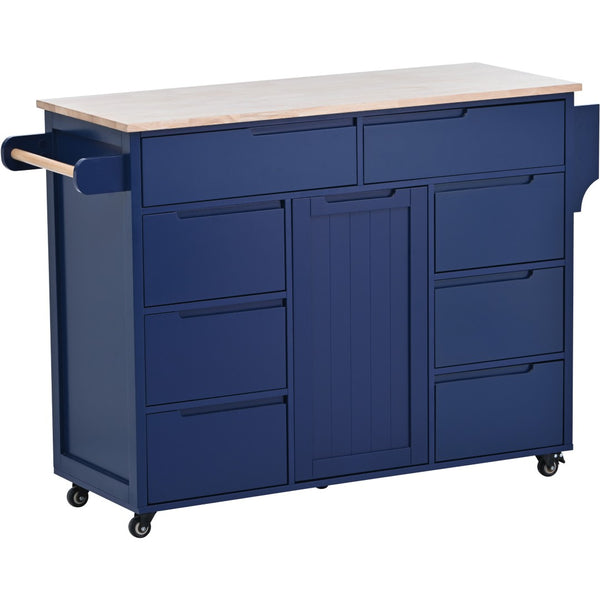 English Elm K&k Store Mobile Kitchen Island Rubberwood Top Eight Push-open Drawers Rolling Storage Blue SK000002AAG