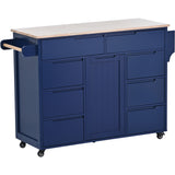 English Elm Kitchen Cart With Rubber Wood Countertop , Kitchen Island Has 8 Handle-Free Drawers Including A Flatware Organizer and 5 Wheels For Kitchen Dinning Room, Dark Blue