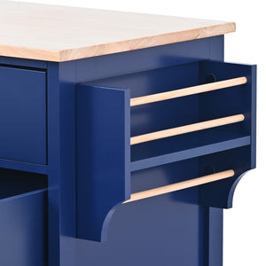 English Elm K&k Store Mobile Kitchen Island Rubberwood Top Eight Push-open Drawers Rolling Storage Blue SK000002AAG