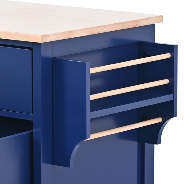 English Elm K&k Store Mobile Kitchen Island Rubberwood Top Eight Push-open Drawers Rolling Storage Blue SK000002AAG