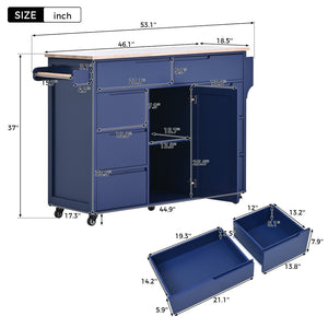 English Elm K&k Store Mobile Kitchen Island Rubberwood Top Eight Push-open Drawers Rolling Storage Blue SK000002AAG