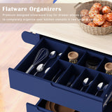 English Elm Kitchen Cart With Rubber Wood Countertop , Kitchen Island Has 8 Handle-Free Drawers Including A Flatware Organizer and 5 Wheels For Kitchen Dinning Room, Dark Blue