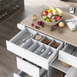 English Elm Kitchen Cart With Rubber Wood Countertop , Kitchen Island Has 8 Handle-Free Drawers Including A Flatware Organizer and 5 Wheels For Kitchen Dinning Room, White