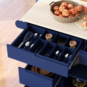 English Elm K&k Store Mobile Kitchen Island Rubberwood Top Eight Push-open Drawers Rolling Storage Blue SK000002AAG