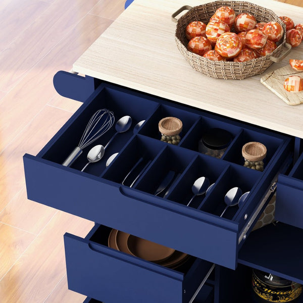 English Elm K&k Store Mobile Kitchen Island Rubberwood Top Eight Push-open Drawers Rolling Storage Blue SK000002AAG