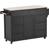 English Elm Kitchen Cart With Rubber Wood Countertop , Kitchen Island Has 8 Handle-Free Drawers Including A Flatware Organizer and 5 Wheels For Kitchen Dinning Room, Black