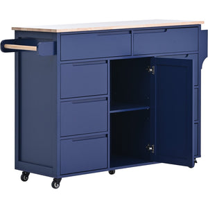 English Elm K&k Store Mobile Kitchen Island Rubberwood Top Eight Push-open Drawers Rolling Storage Blue SK000002AAG