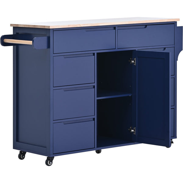 English Elm K&k Store Mobile Kitchen Island Rubberwood Top Eight Push-open Drawers Rolling Storage Blue SK000002AAG