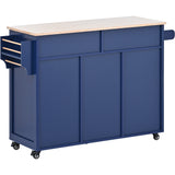 English Elm Kitchen Cart With Rubber Wood Countertop , Kitchen Island Has 8 Handle-Free Drawers Including A Flatware Organizer and 5 Wheels For Kitchen Dinning Room, Dark Blue