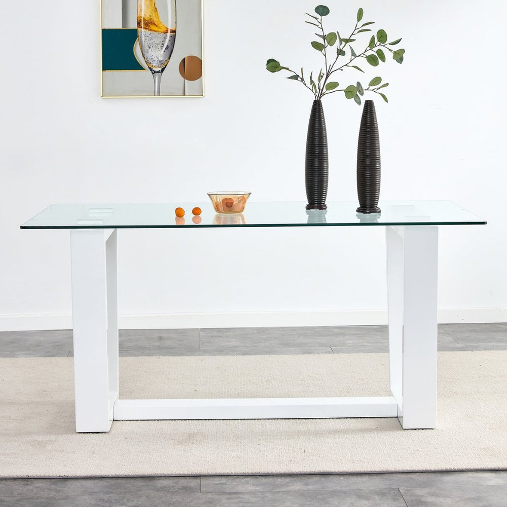 English Elm Modern Tempered Glass Rectangular Dining Table with Matte Black Legs Seats Six W1151S00327