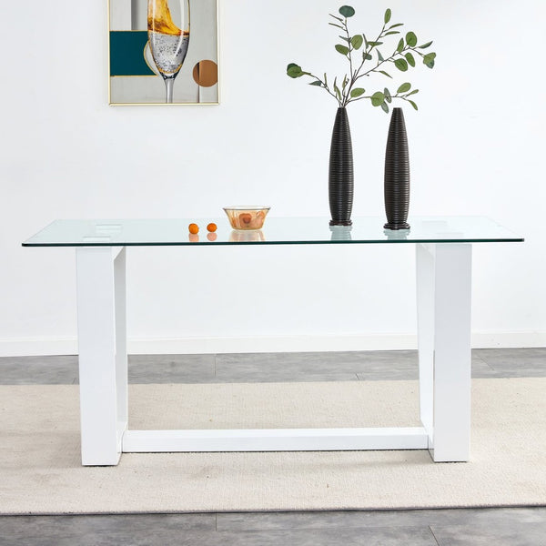English Elm Modern Tempered Glass Rectangular Dining Table with Matte Black Legs Seats Six W1151S00327
