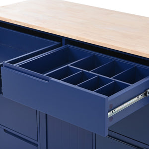 English Elm K&k Store Mobile Kitchen Island Rubberwood Top Eight Push-open Drawers Rolling Storage Blue SK000002AAG