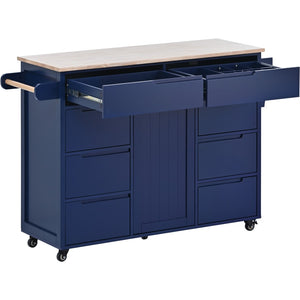 English Elm K&k Store Mobile Kitchen Island Rubberwood Top Eight Push-open Drawers Rolling Storage Blue SK000002AAG