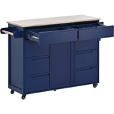 English Elm Kitchen Cart With Rubber Wood Countertop , Kitchen Island Has 8 Handle-Free Drawers Including A Flatware Organizer and 5 Wheels For Kitchen Dinning Room, Dark Blue