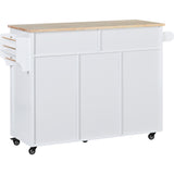 English Elm Kitchen Cart With Rubber Wood Countertop , Kitchen Island Has 8 Handle-Free Drawers Including A Flatware Organizer and 5 Wheels For Kitchen Dinning Room, White