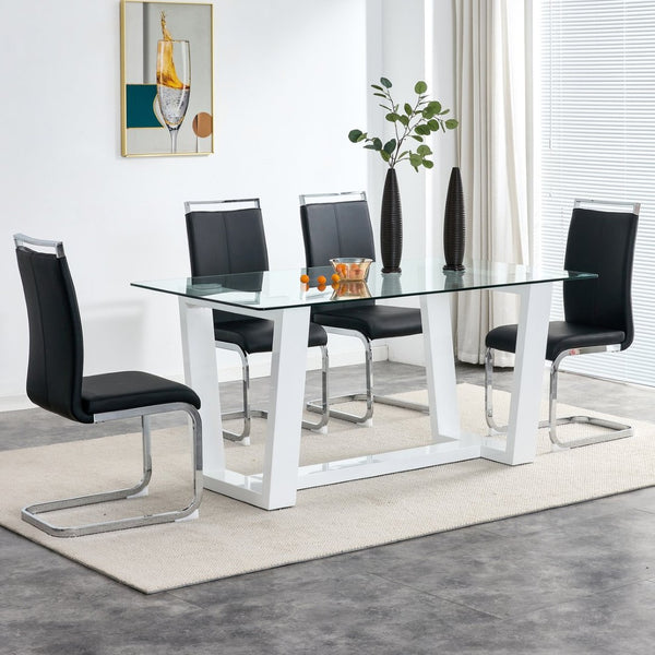 English Elm Modern Tempered Glass Rectangular Dining Table with Matte Black Legs Seats Six W1151S00327