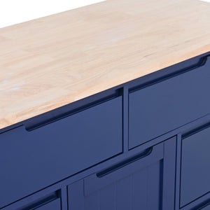 English Elm K&k Store Mobile Kitchen Island Rubberwood Top Eight Push-open Drawers Rolling Storage Blue SK000002AAG