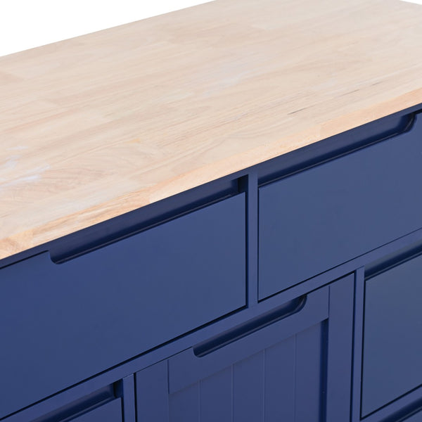 English Elm K&k Store Mobile Kitchen Island Rubberwood Top Eight Push-open Drawers Rolling Storage Blue SK000002AAG