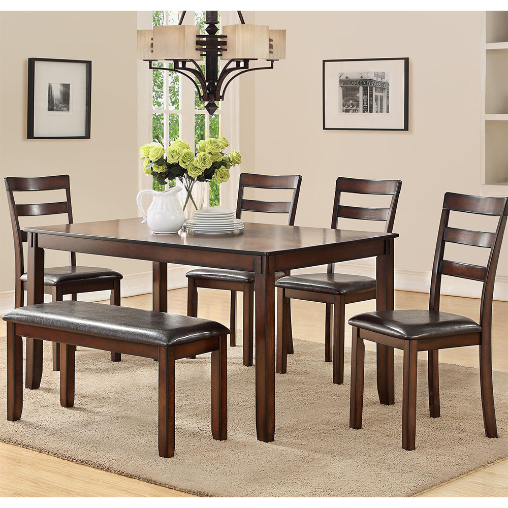 English Elm Modern Rubber Wood 6-Piece Dining Set with Bench and 4 Padded Chairs, Rectangular Brown Finish, Durable Comfort B01682188