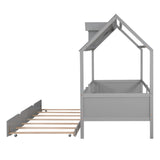Hearth and Haven Davis Twin Size House Bed with Trundle, Roof and Fence, Grey LP000185AAE