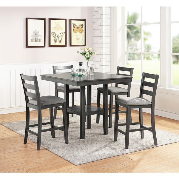 English Elm 5 Elegant 5-Piece Counter Height Dining Set Grey Upholstered High Chairs Square Table with Shelf B01682319