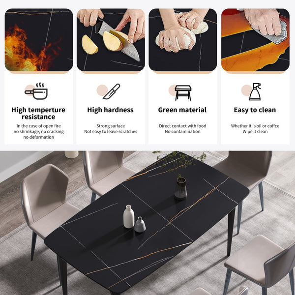 English Elm 63"Modern Sculptural Artificial Stone Dining Table With Black Curved Metal Legs For 6 People W1535S00156