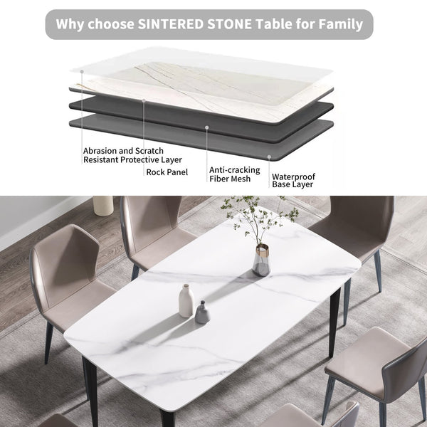 English Elm 63"Modern 63" Modern Curved Dining Table With White Artificial Stone Top & Black Metal Legs For 6 People W1535S00174