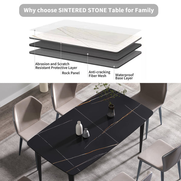 English Elm 63"Modern Sculptural Artificial Stone Dining Table With Black Curved Metal Legs For 6 People W1535S00156