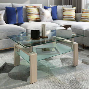 English Elm Rectangle Two Tier Tempered Glass Coffee Table Modern Iron Frame Living Room Accent Oak W241P367361
