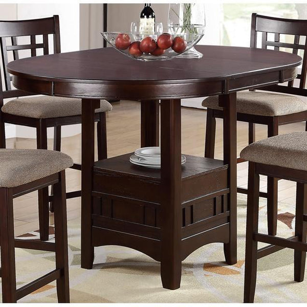 English Elm Contemporary Counter Height 5pc Dining Set Round Table with 18" Leaf & 4 Upholstered Side Chairs, Dark Rosy Brown Finish B011S00297
