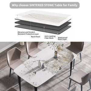 English Elm 63"Modern Elegant White Artificial Stone Dining Table With Curved Black Metal Legs For 6 Guests W1535S00165