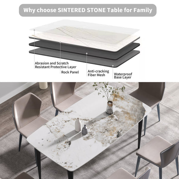 English Elm 63"Modern Elegant White Artificial Stone Dining Table With Curved Black Metal Legs For 6 Guests W1535S00165