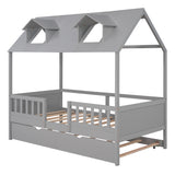 Hearth and Haven Davis Twin Size House Bed with Trundle, Roof and Fence, Grey LP000185AAE