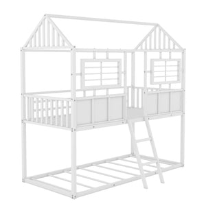 English Elm Twin Over House Shaped Metal Bunk Bed with Roofline Frame and Safety Rail MF293553AAK