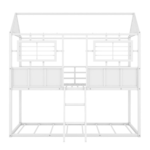 English Elm Twin Over House Shaped Metal Bunk Bed with Roofline Frame and Safety Rail MF293553AAK