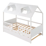 Davis Twin Size House Bed with Trundle, Roof and Fence, White