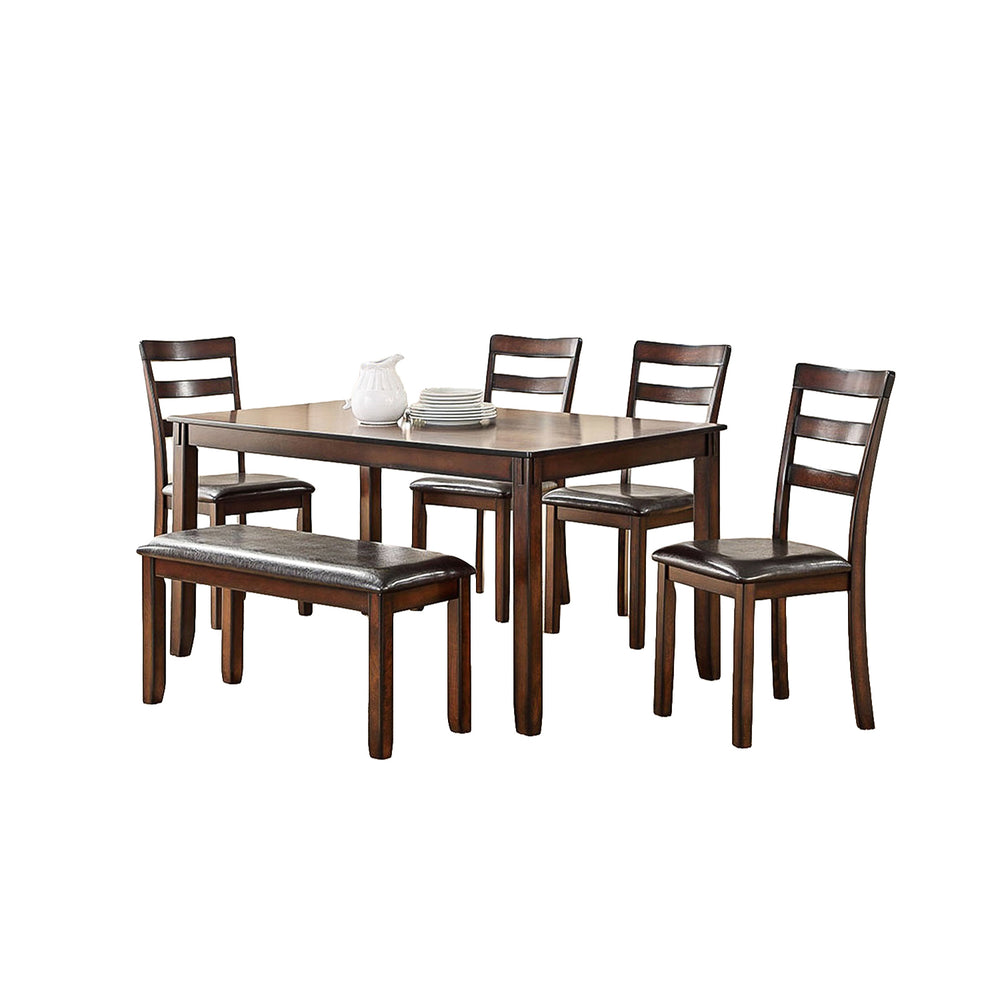 English Elm Modern Rubber Wood 6-Piece Dining Set with Bench and 4 Padded Chairs, Rectangular Brown Finish, Durable Comfort B01682188
