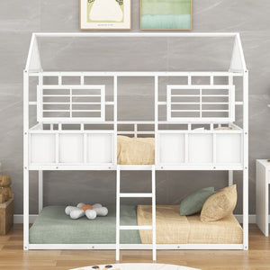 English Elm Twin Over House Shaped Metal Bunk Bed with Roofline Frame and Safety Rail MF293553AAK