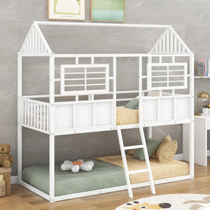 English Elm Twin Over House Shaped Metal Bunk Bed with Roofline Frame and Safety Rail MF293553AAK