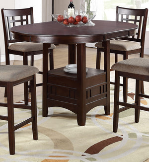 English Elm Contemporary Counter Height 5pc Dining Set Round Table with 18" Leaf & 4 Upholstered Side Chairs, Dark Rosy Brown Finish B011S00297