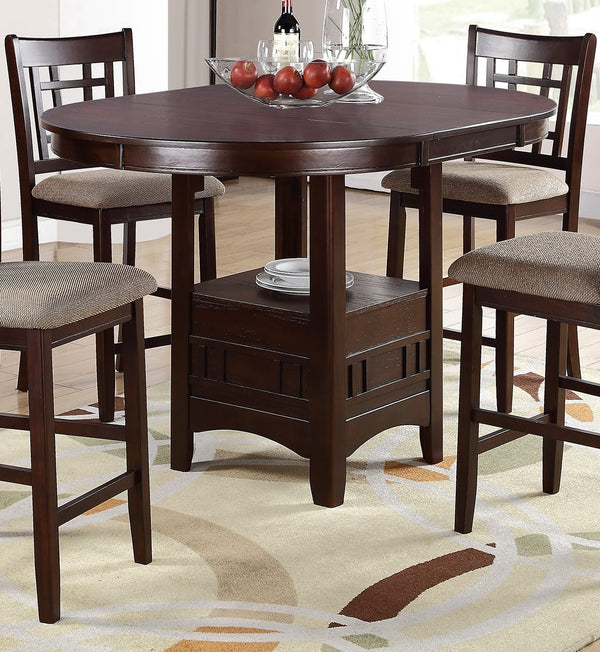 English Elm Dining Counter Height Round Table w Lazy Susan & Lower Shelf, Dark Rosy Brown Solid Wood Finish B01182192