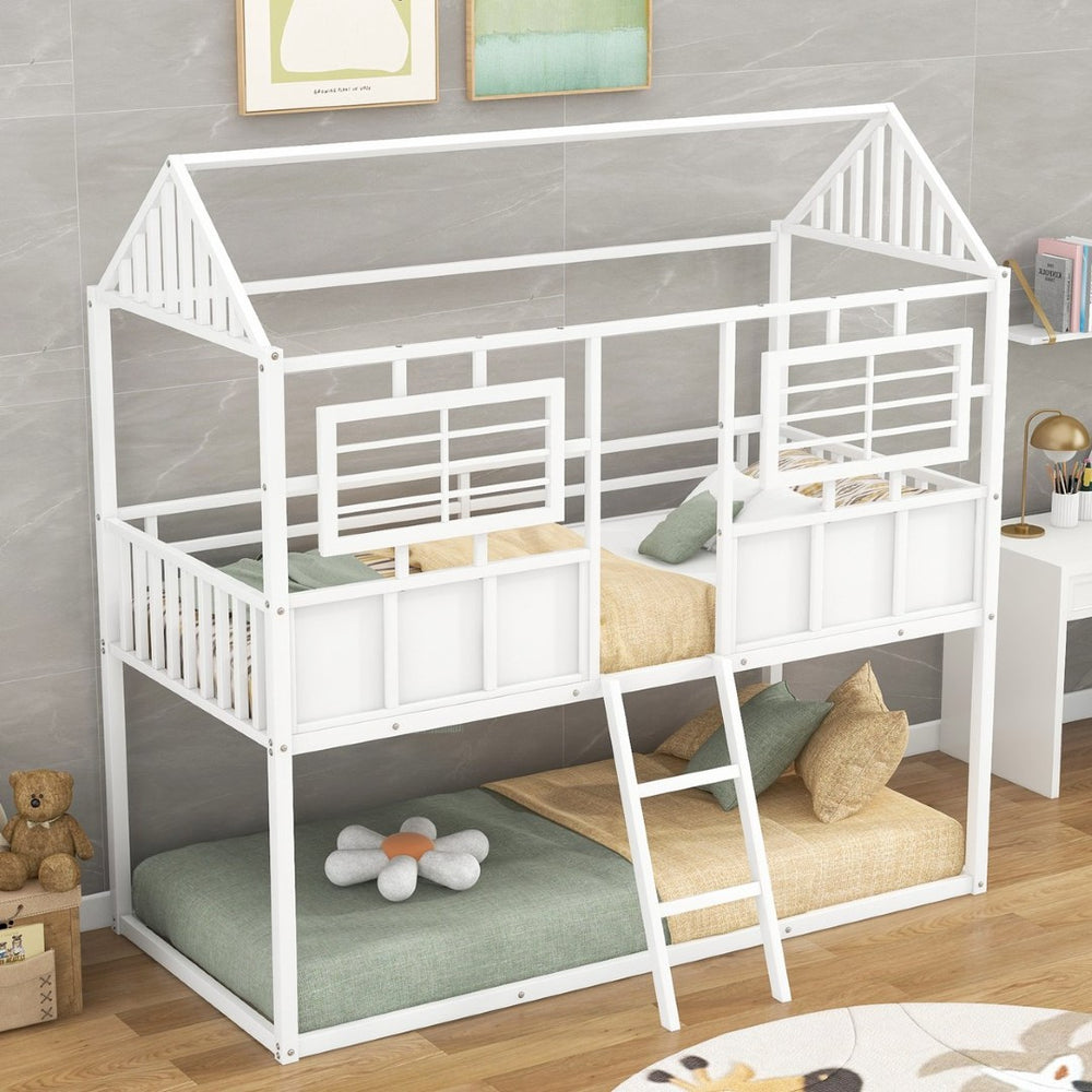 English Elm Twin Over House Shaped Metal Bunk Bed with Roofline Frame and Safety Rail MF293553AAK