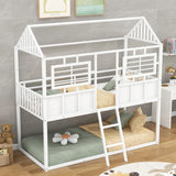 Hearth and Haven Twin over Twin Metal Low Bunk Beds with Roof and Fence-Shaped Guardrail, White